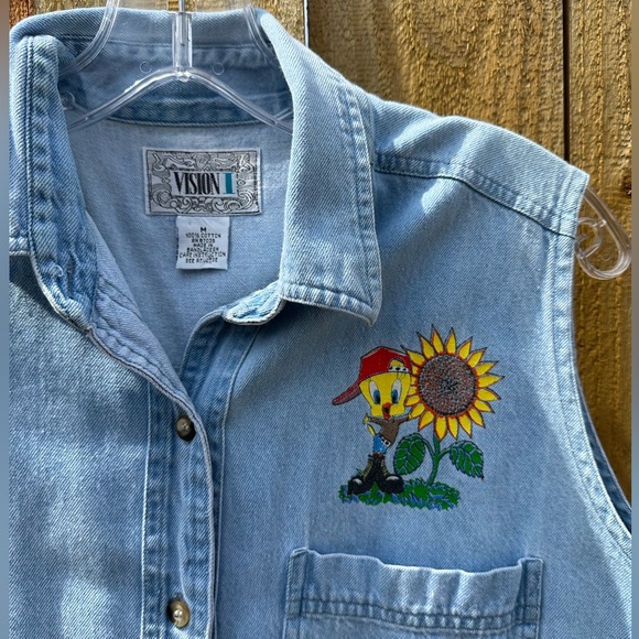 Vintage 90s Sunflower Tweety & Sylvester Denim Sleeveless Button Up Shirt Size M - Picture 4 of 4